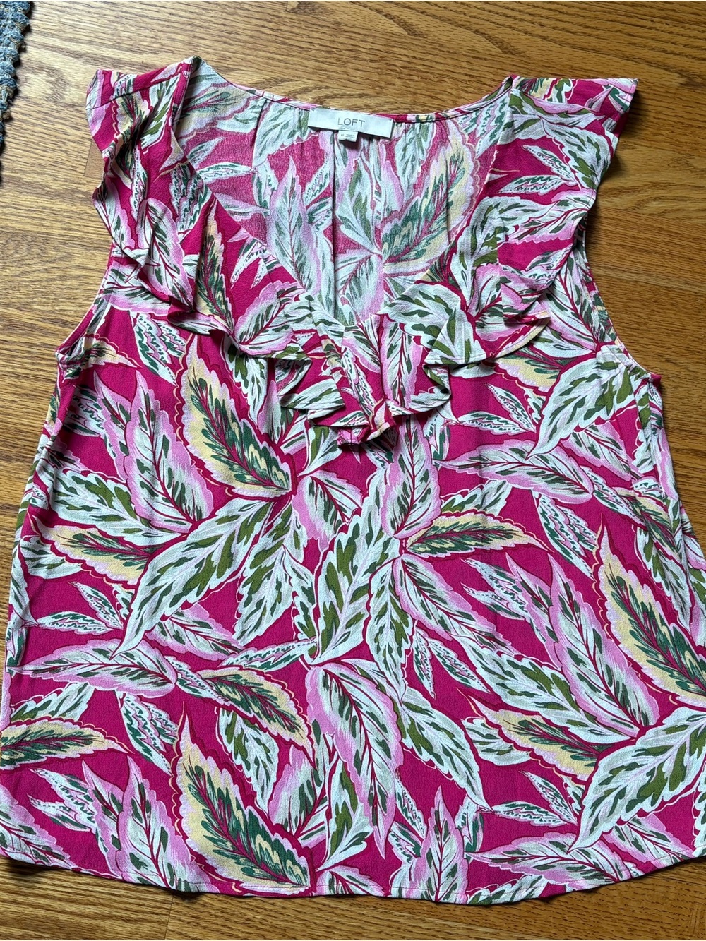 LOFT Pink Leaf-Print Ruffle Tank Camosole Medium